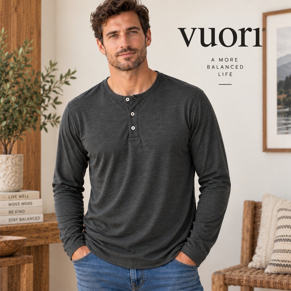 Vuori Mens Long Sleeve Henley Shirt Charcoal Gray Heather V194 Size Large